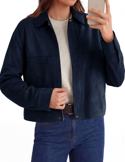 PRETTYGARDEN Women's Faux Suede Cropped Fall Jackets | Soft Zip Up Coats,Classic Lapel Collar,Button Down Shacket,Oversized Casual Outerwear,Trendy Winter Clothes with Pockets