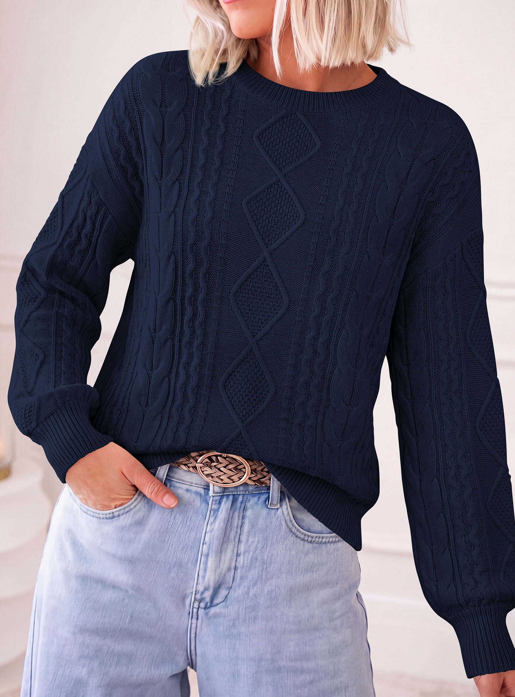 PRETTYGARDEN Womens Cable Knit Sweater Crewneck Pullover | Soft Ribbed Cuffs,Relaxed Fit Long Sleeve Sweaters,Chunky Diamond,Warm Layering,Comfy Daily Wear,Fall Winter Going out Top