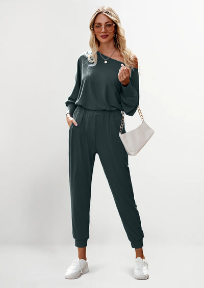 PRETTYGARDEN Women's 2 Piece Ribbed Tracksuit Outfits Off Shoulder Long Sleeve Pullover Lounge Pants with Pockets