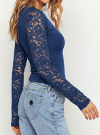 PRETTYGARDEN Sheer Lace Raglan Long Sleeve Shirts for Women | Soft Stretchy Knit,See Through Floral Sleeves,Crewneck Fitted Tshirts,Daily Going Out Tops,Office Layer,Fall Fashion Clothing