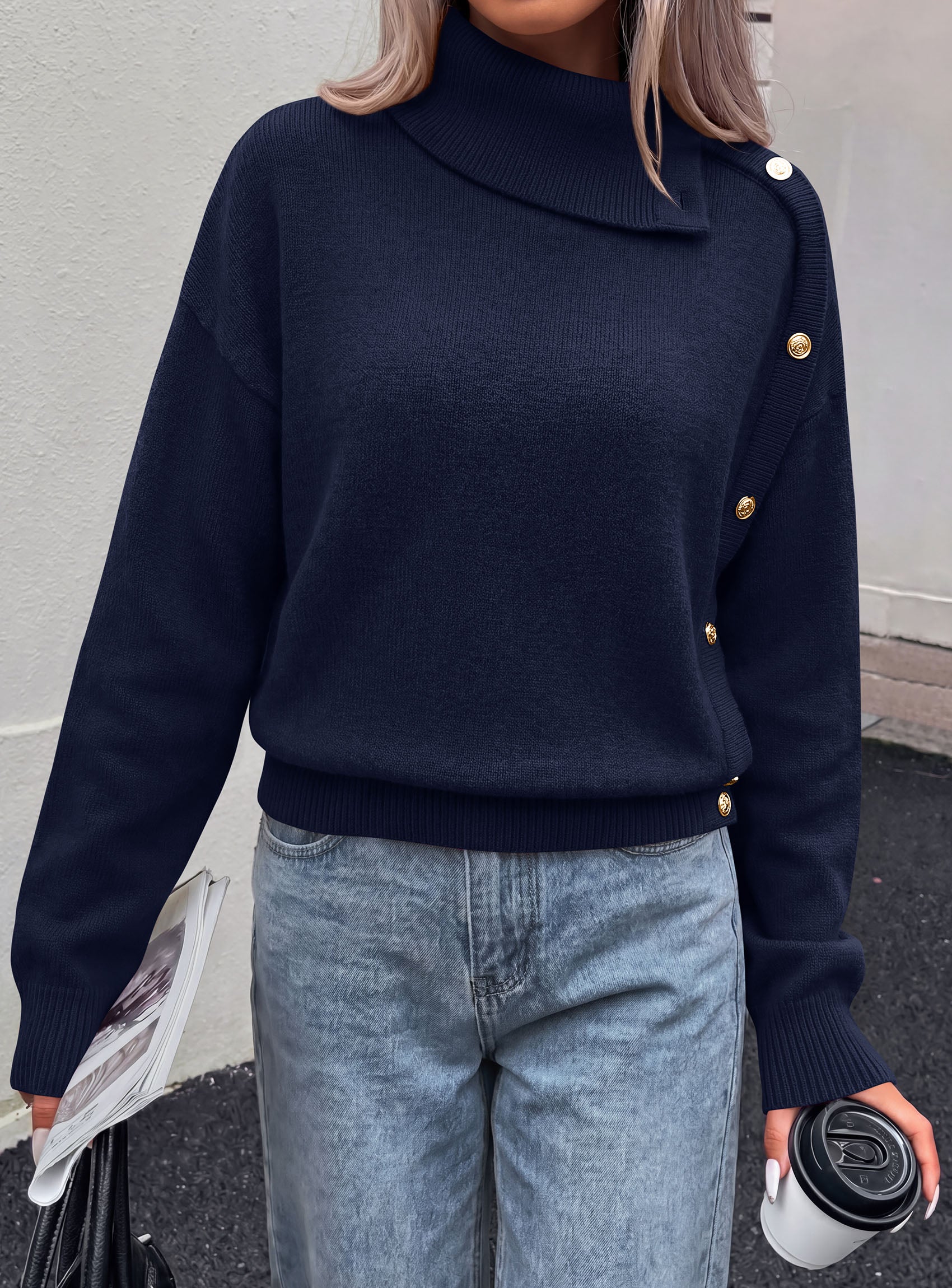 PRETTYGARDEN Womens Turtleneck Sweater Pullover Side Button Fall Clothes  Stretchy Knit,Dropped Shoulder,Ribbed Cuffs,Asymmetrical,Jumper Long Sleeve Tops,Work Office,2026 Winter Casual Outfits