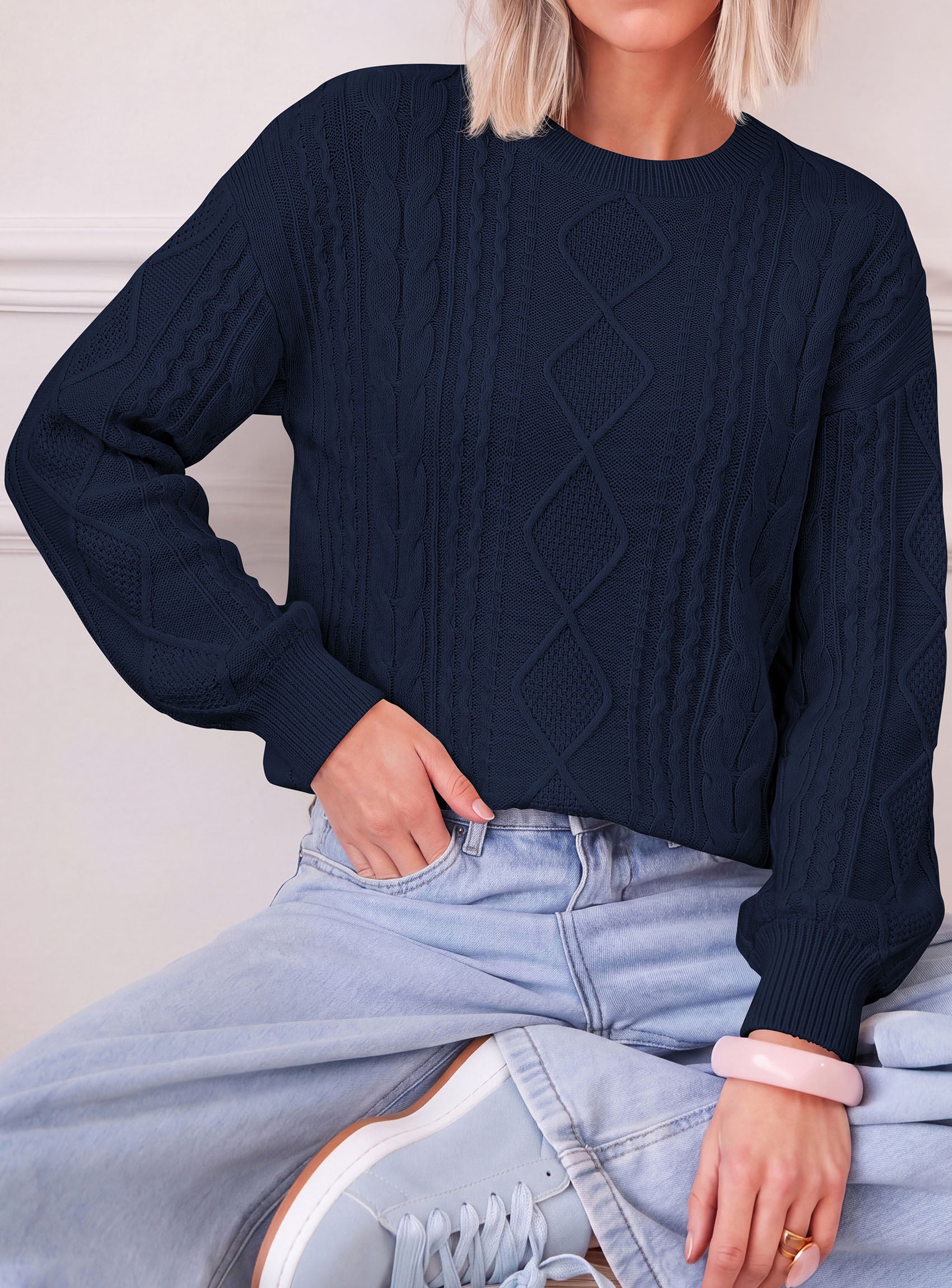 PRETTYGARDEN Womens Cable Knit Sweater Crewneck Pullover | Soft Ribbed Cuffs,Relaxed Fit Long Sleeve Sweaters,Chunky Diamond,Warm Layering,Comfy Daily Wear,Fall Winter Going out Top