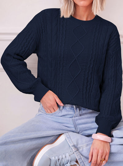 PRETTYGARDEN Womens Cable Knit Sweater Crewneck Pullover | Soft Ribbed Cuffs,Relaxed Fit Long Sleeve Sweaters,Chunky Diamond,Warm Layering,Comfy Daily Wear,Fall Winter Going out Top