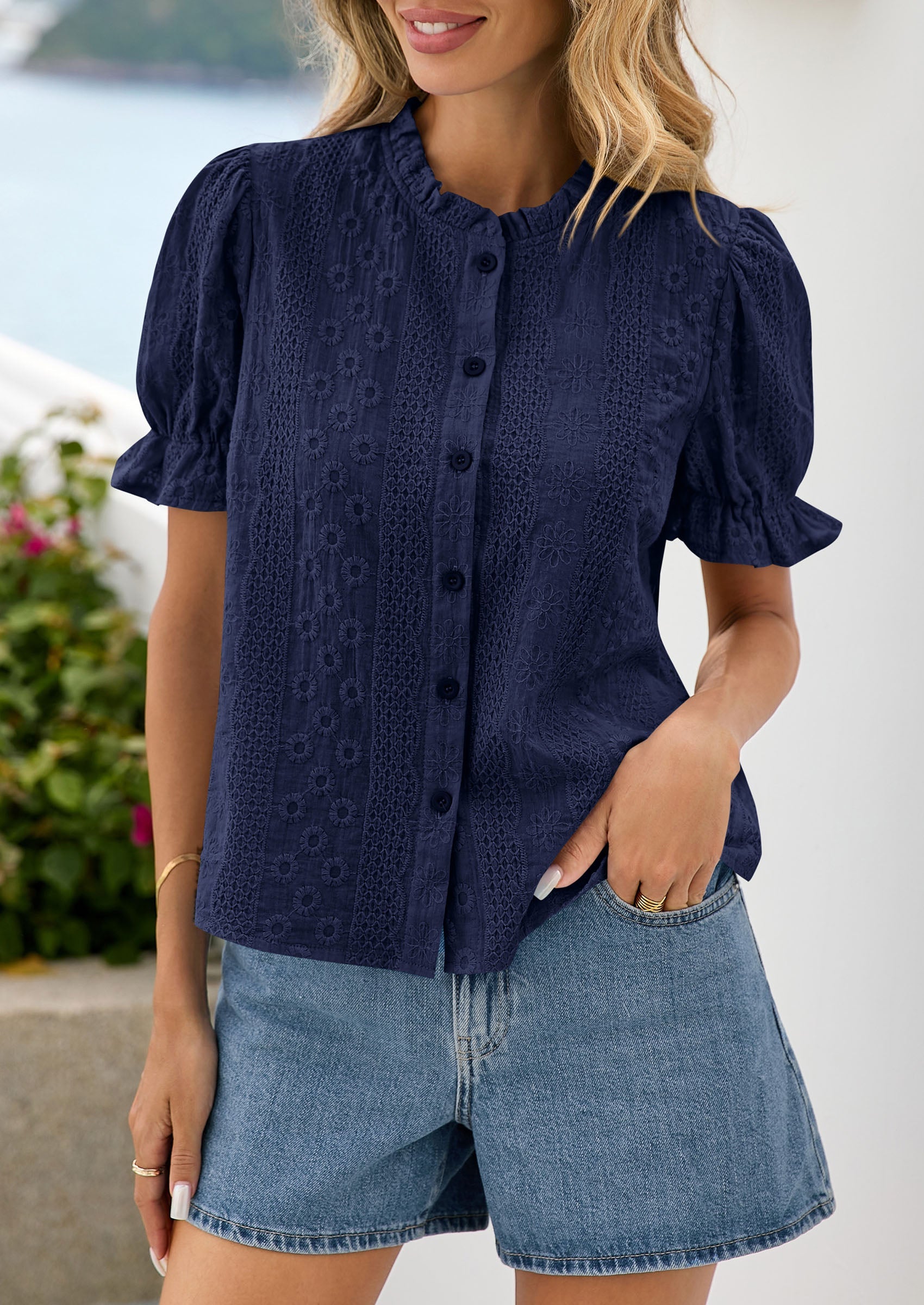 PRETTYGARDEN Womens Puff Short Sleeve Tops 2026 Summer Spring Button Down Boho Embroidered Cute Blouse Dressy Casual Shirts PRETTYGARDEN