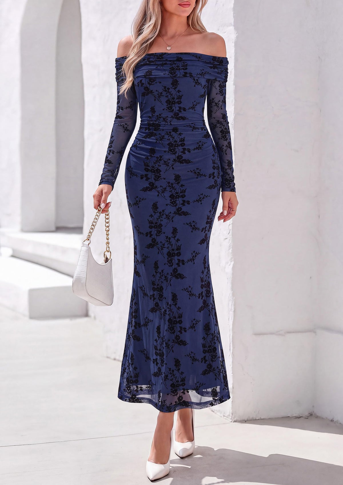 PRETTYGARDEN Womens Off Shoulder Floral Maxi Wedding Guest Dress  Mesh Slim Fit,Elegant Bodycon,Formal Party Cocktail Dress,Bridal Shower Baby Shower,Date Night Outfits,Vacation Long Dresses