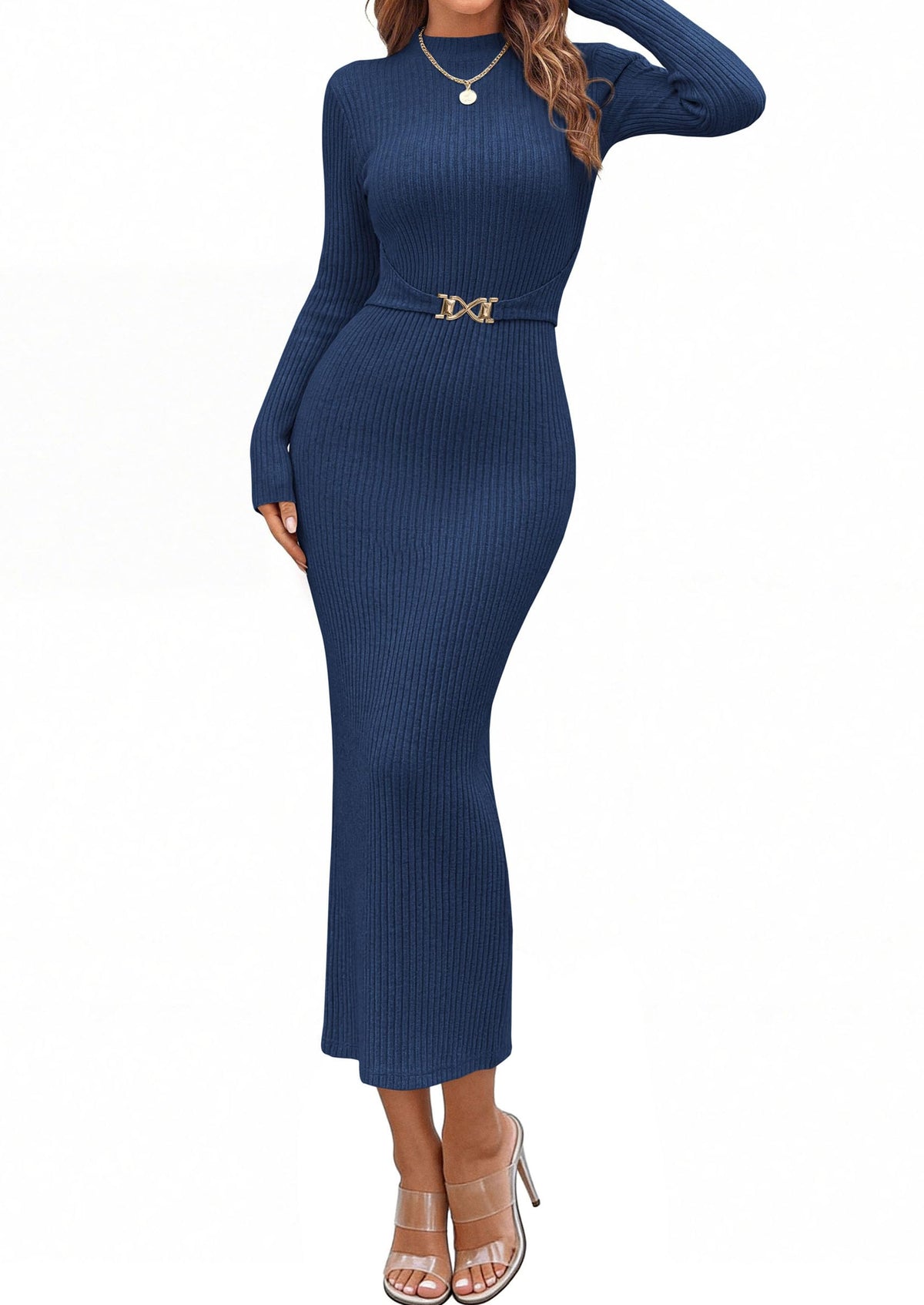 PRETTYGARDEN Women's Long Sleeve Bodycon Maxi Sweater Dress | Stretchy Rib Knit,Metal Buckle Waist,Back Slit,Work Cocktail Holiday Party Outfits,Fall Winter Winter Wedding Guest Dresses
