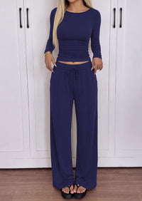PRETTYGARDEN Women's Matching Lounge Sets 2 Piece Outfits  Boat Neck Long Sleeve , Wide Leg Pants Pockets, Ruched Waist, Travel Airport Resort Wear, Casual Fall Fashion Clothing