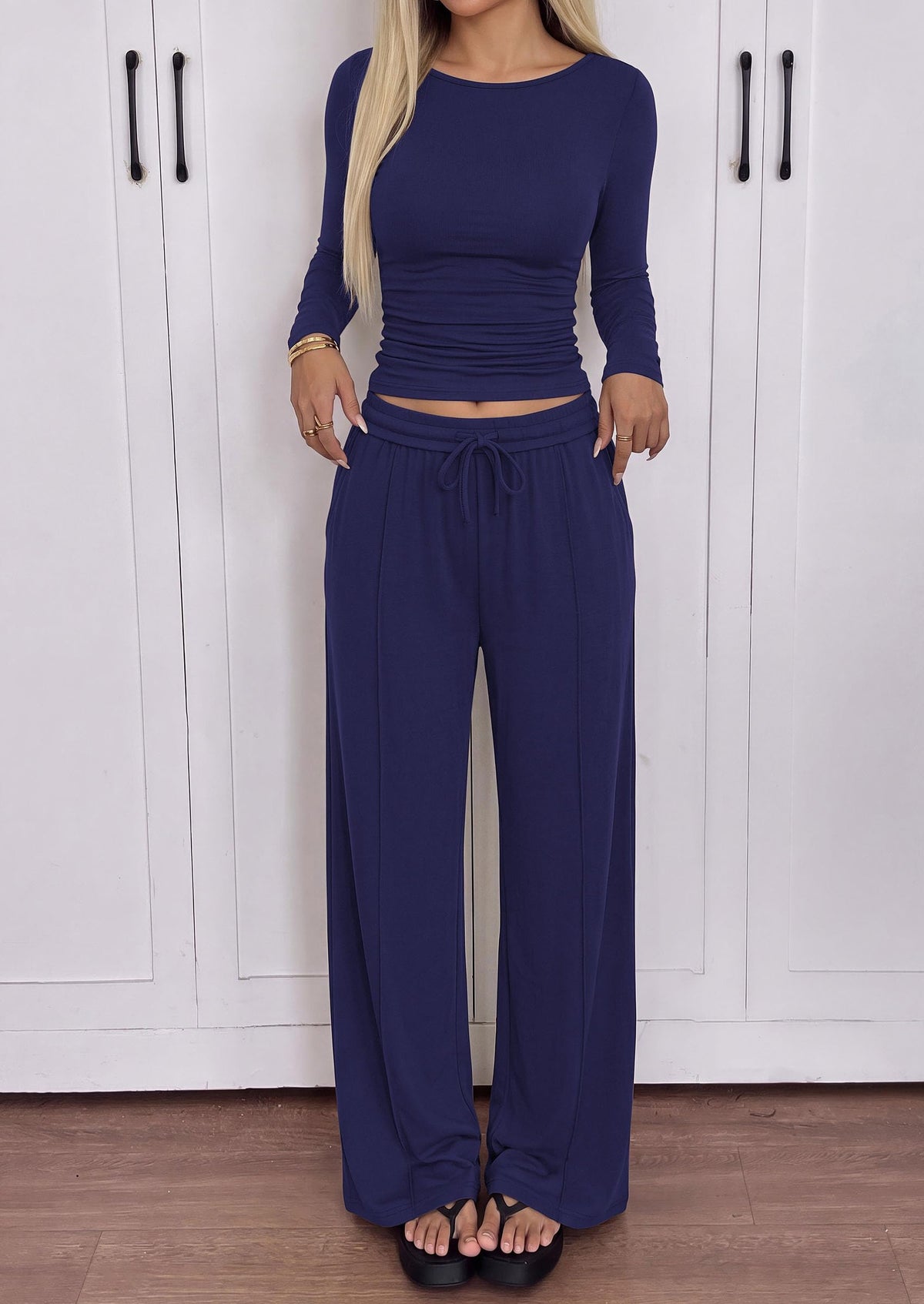 PRETTYGARDEN Women's Matching Lounge Sets 2 Piece Outfits  Boat Neck Long Sleeve , Wide Leg Pants Pockets, Ruched Waist, Travel Airport Resort Wear, Casual Fall Fashion Clothing