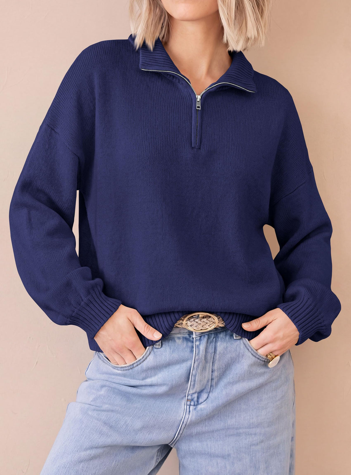 PRETTYGARDEN Women's Quarter Zip Pullover Oversized Sweaters | Collared Neck, Long Balloon Sleeve, Jumper Tops, Soft Cozy Knit, Ribbed Hem, Loose Fit, Fall Outfits, Winter Fashion Clothing
