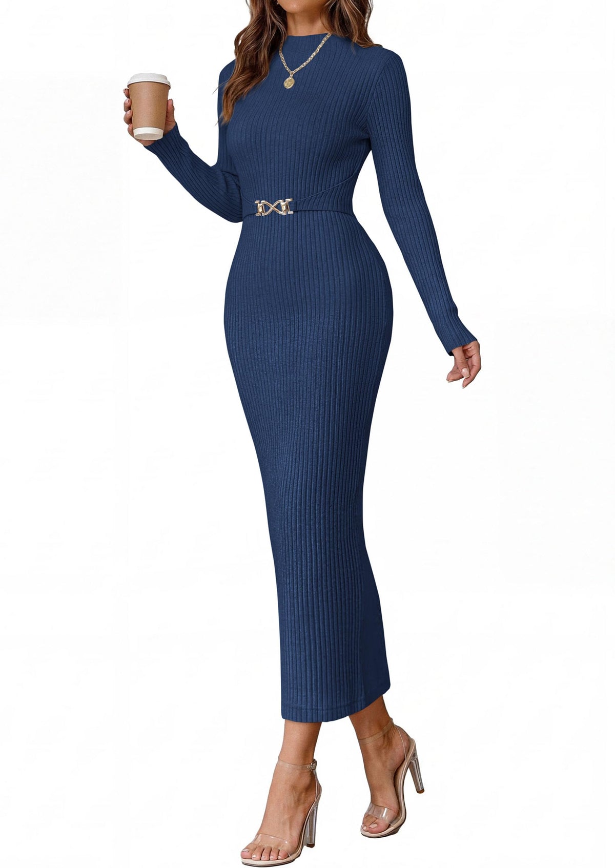 PRETTYGARDEN Women's Long Sleeve Bodycon Maxi Sweater Dress | Stretchy Rib Knit,Metal Buckle Waist,Back Slit,Work Cocktail Holiday Party Outfits,Fall Winter Winter Wedding Guest Dresses