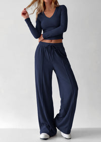 PRETTYGARDEN Women's 2 Piece Lounge Sets Matching Clothing  | V Neck Long Sleeve , Wide Leg Pants Pockets, Airport Travel Outfits, Soft Ribbed Knit, Drawstring Waist, Fall Resort Wear