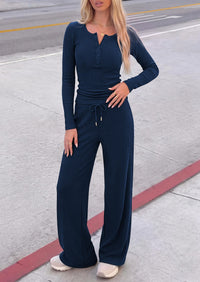 PRETTYGARDEN Two Piece Lounge Sets for Women Fall Fashion,Long Sleeve Henley,High Waisted Wide Leg Pants,Matching Holiday Vacation,Airport Travel Outfits