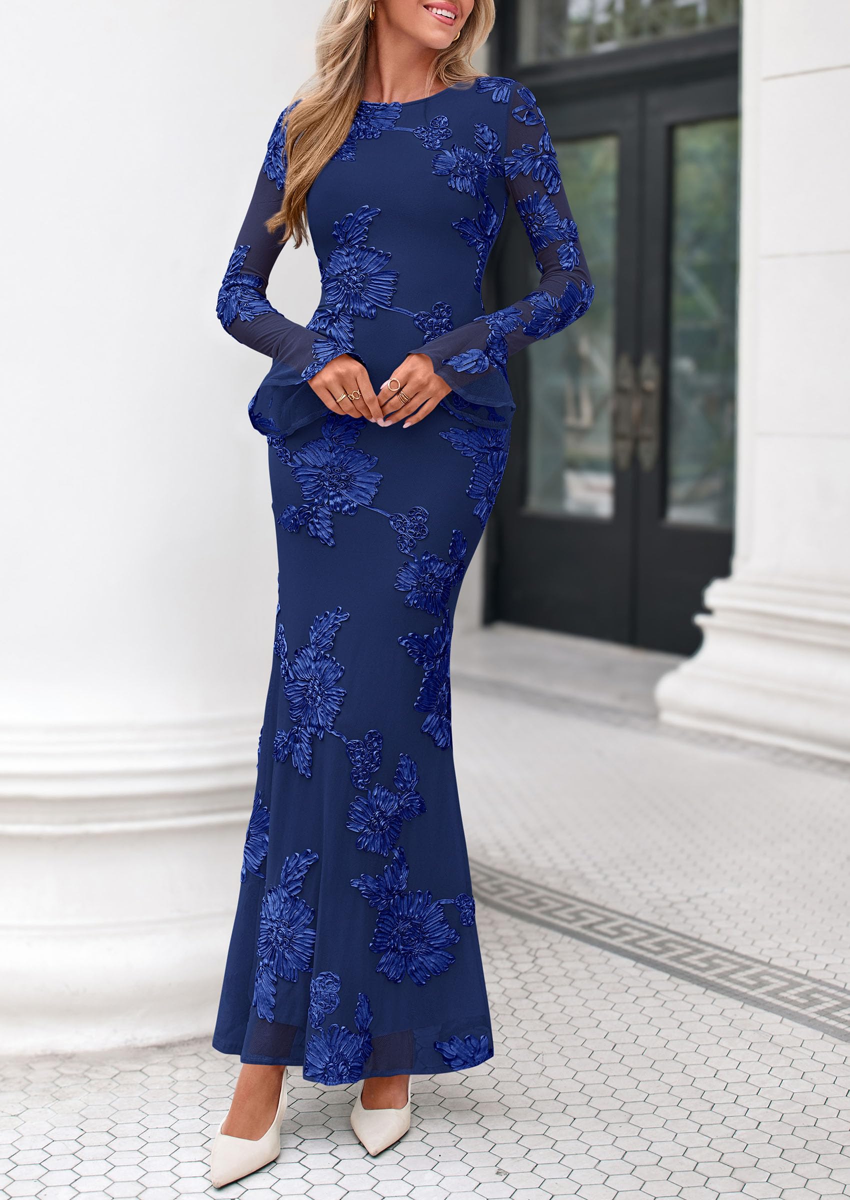 PRETTYGARDEN Women's Formal Floral Maxi Bodycon Dresses  Ruffle Long Sleeve, Fall Winter Outfits 2026 for Wedding Guest, Homecoming & Cocktail, Slimming Mesh Dress with Lining