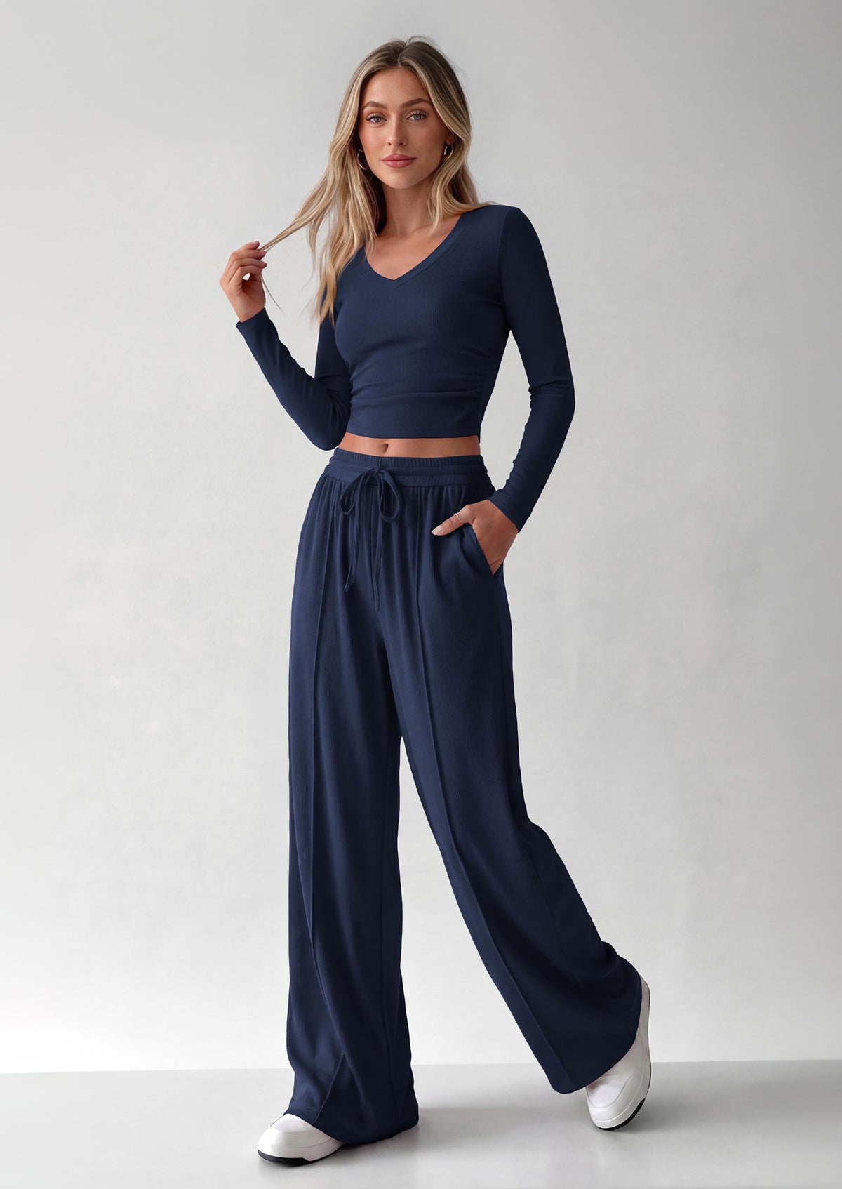 PRETTYGARDEN Women's 2 Piece Lounge Sets Matching Clothing  | V Neck Long Sleeve , Wide Leg Pants Pockets, Airport Travel Outfits, Soft Ribbed Knit, Drawstring Waist, Fall Resort Wear