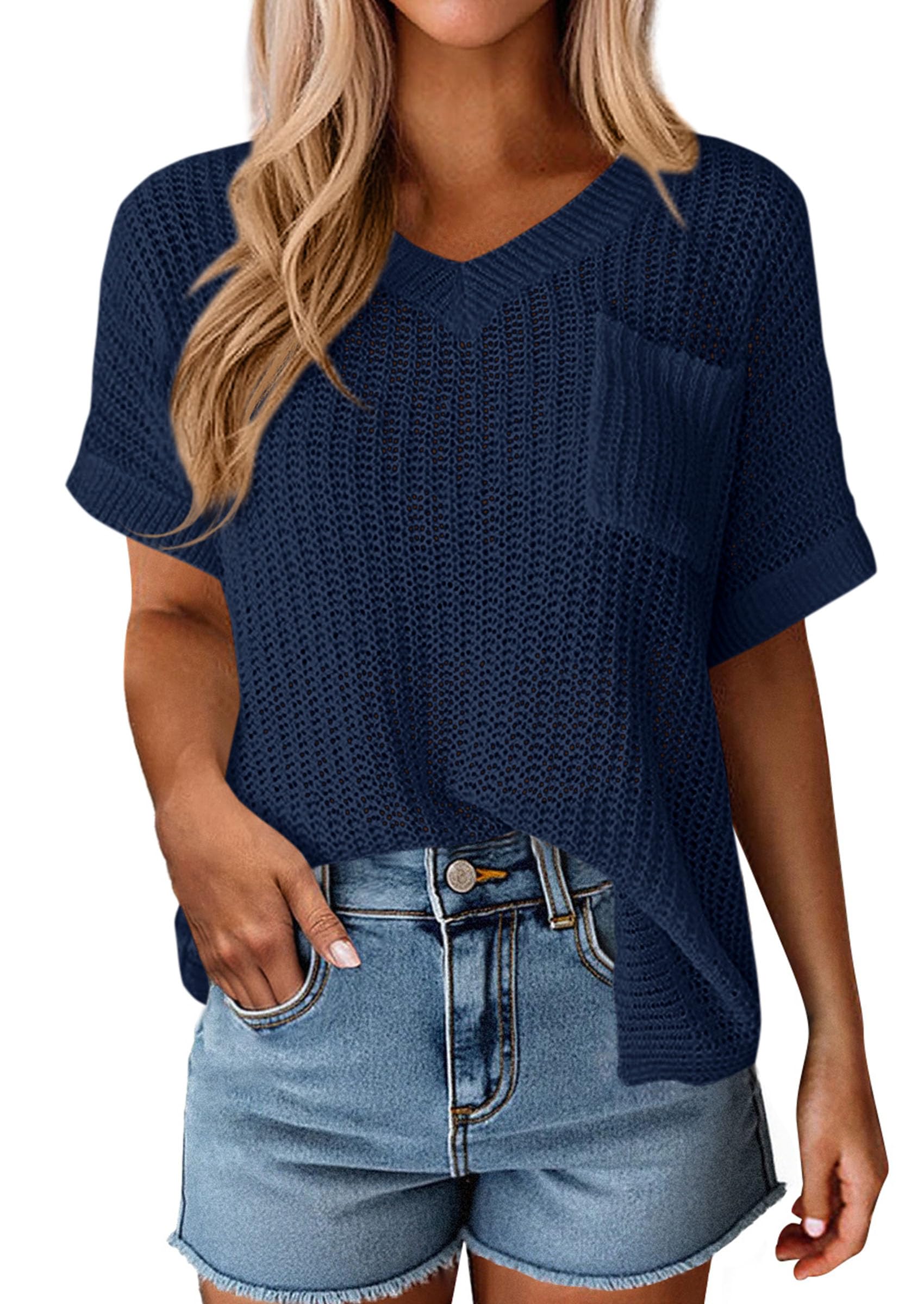 PRETTYGARDEN Women's Spring Short Sleeve Sweaters Lightweight V Neck Casual Going Out Summer T PRETTYGARDEN