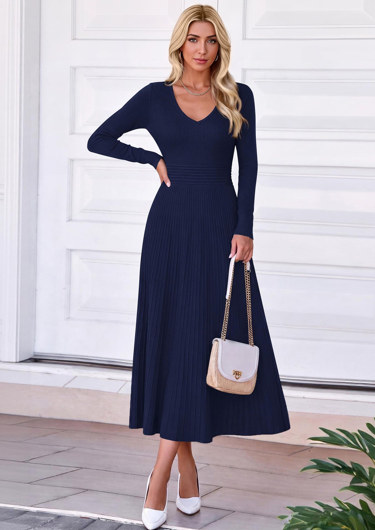 PRETTYGARDEN Women's Fall V Neck Pleated Midi Sweater Dress  Stretchy Ribbed Knit,Long Sleeve,A Line Flowy Skirt,Elegant Long Dresses for Wedding Guest,Work Office,Winter Party Outfits