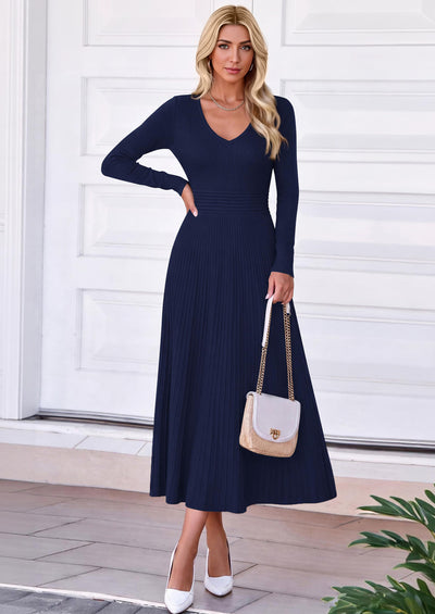 PRETTYGARDEN Women's Fall V Neck Pleated Midi Sweater Dress  Stretchy Ribbed Knit,Long Sleeve,A Line Flowy Skirt,Elegant Long Dresses for Wedding Guest,Work Office,Winter Party Outfits