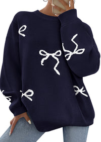 PRETTYGARDEN Fall Long Sleeve Pullover Sweaters for Women Trendy Crewneck Casual Cute Bow Chunky Knit Oversized Sweater
