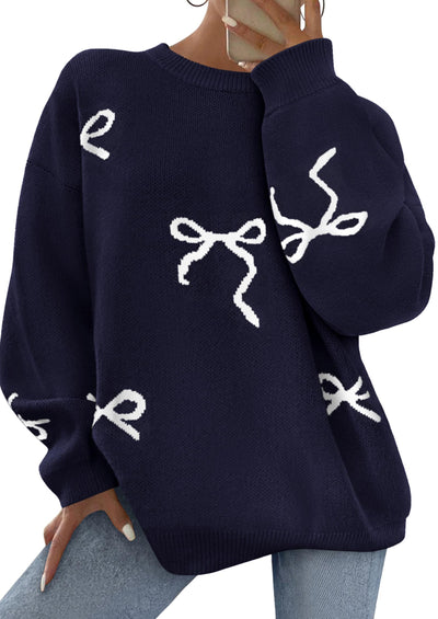 PRETTYGARDEN Fall Long Sleeve Pullover Sweaters for Women Trendy Crewneck Casual Cute Bow Chunky Knit Oversized Sweater