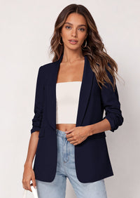 PRETTYGARDEN Women's Spring Blazers Business Casual Outfits Open Front Ruched 3/4 Sleeve Lightweight Work Suits Jackets PRETTYGARDEN