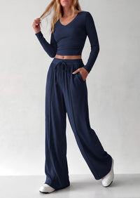 PRETTYGARDEN Women's 2 Piece Lounge Sets Matching Clothing  | V Neck Long Sleeve , Wide Leg Pants Pockets, Airport Travel Outfits, Soft Ribbed Knit, Drawstring Waist, Fall Resort Wear