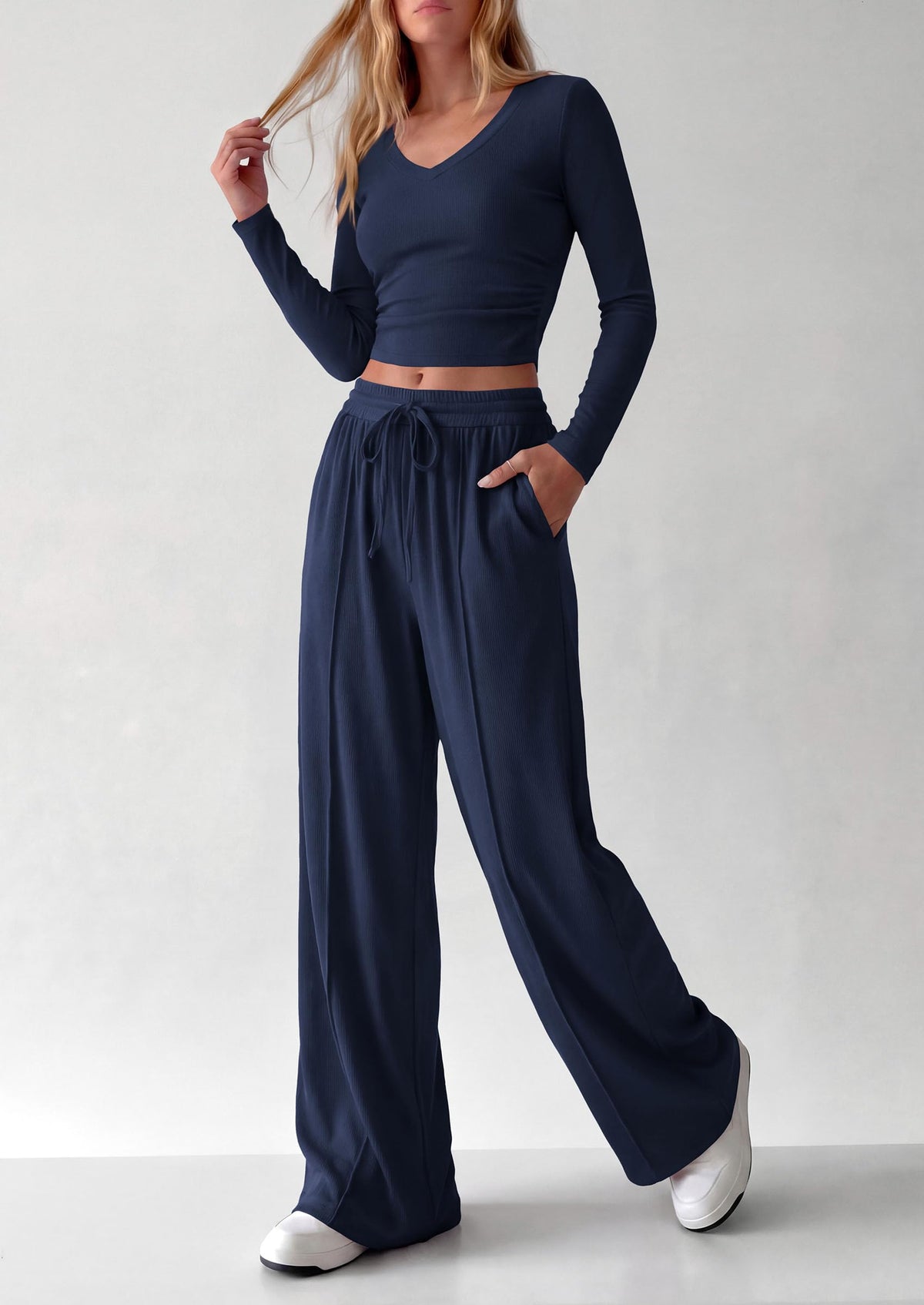 PRETTYGARDEN Women's 2 Piece Lounge Sets Matching Clothing  | V Neck Long Sleeve , Wide Leg Pants Pockets, Airport Travel Outfits, Soft Ribbed Knit, Drawstring Waist, Fall Resort Wear