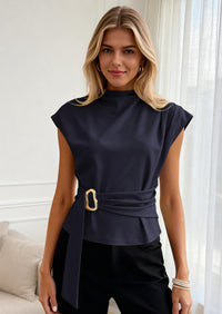 PRETTYGARDEN Women Blouses Spring Dressy Cap Sleeve Mock Neck Work Shirts Buckle Tunic Summer Business Casual Tops PRETTYGARDEN