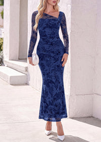 PRETTYGARDEN Womens Fall Asymmetrical Neck Formal Wedding Guest Maxi Dress  Slim Fit Mesh Floral, Ruched Bodycon Long Sleeve, Elegant Cocktail Party, Homecoming Fall Winter Dresses