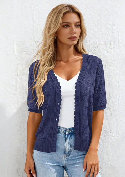 PRETTYGARDEN Short Sleeve Crochet Knit Summer Cardigans for Women Lightweight Button Down Hollow Out Sweater Beach Cover Up PRETTYGARDEN