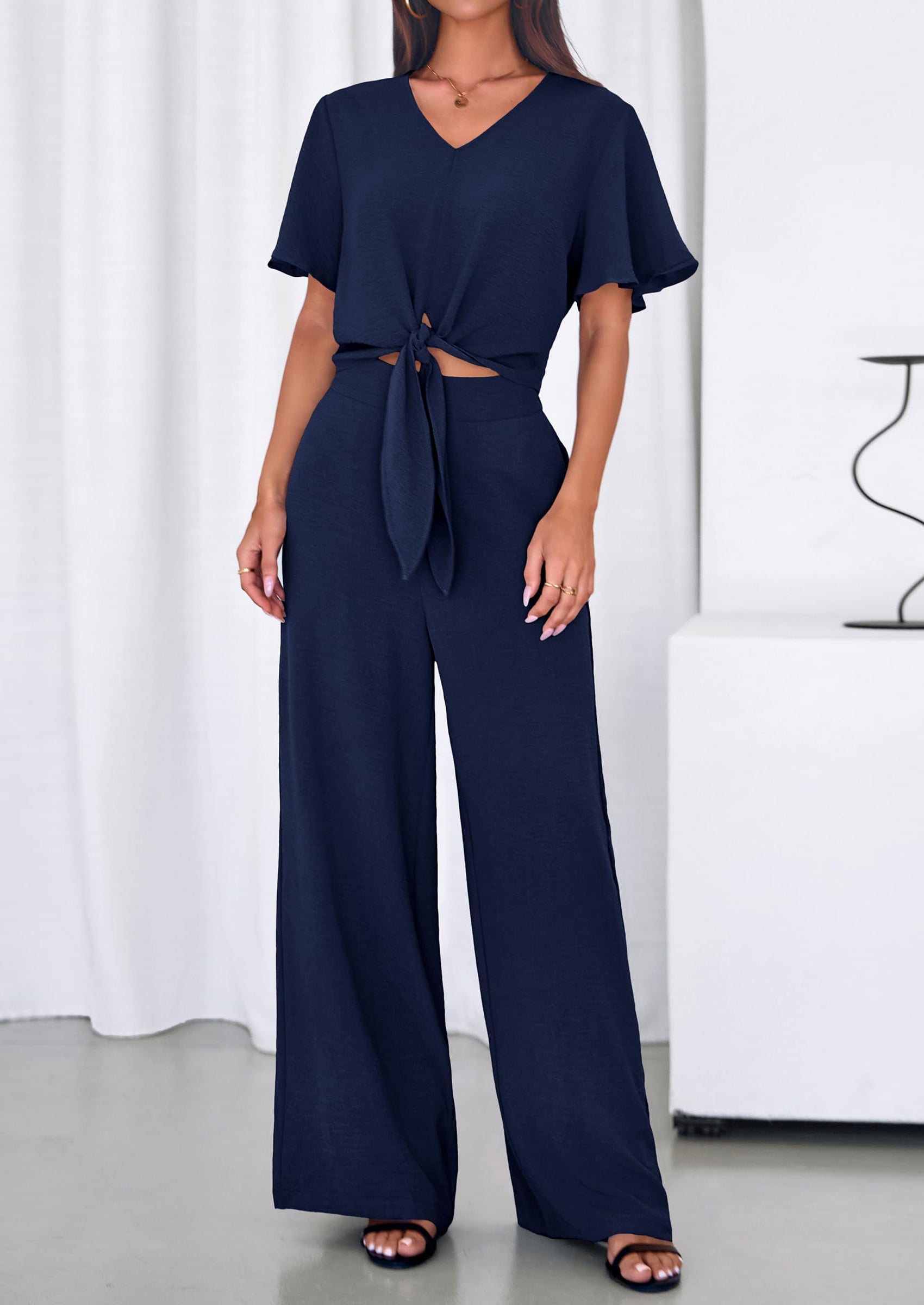 PRETTYGARDEN Women 2 Piece Summer Outfits Short Sleeve Strappy Top Wide Leg Pants Tracksuit Lounge Sets Beach Clothes PRETTYGARDEN