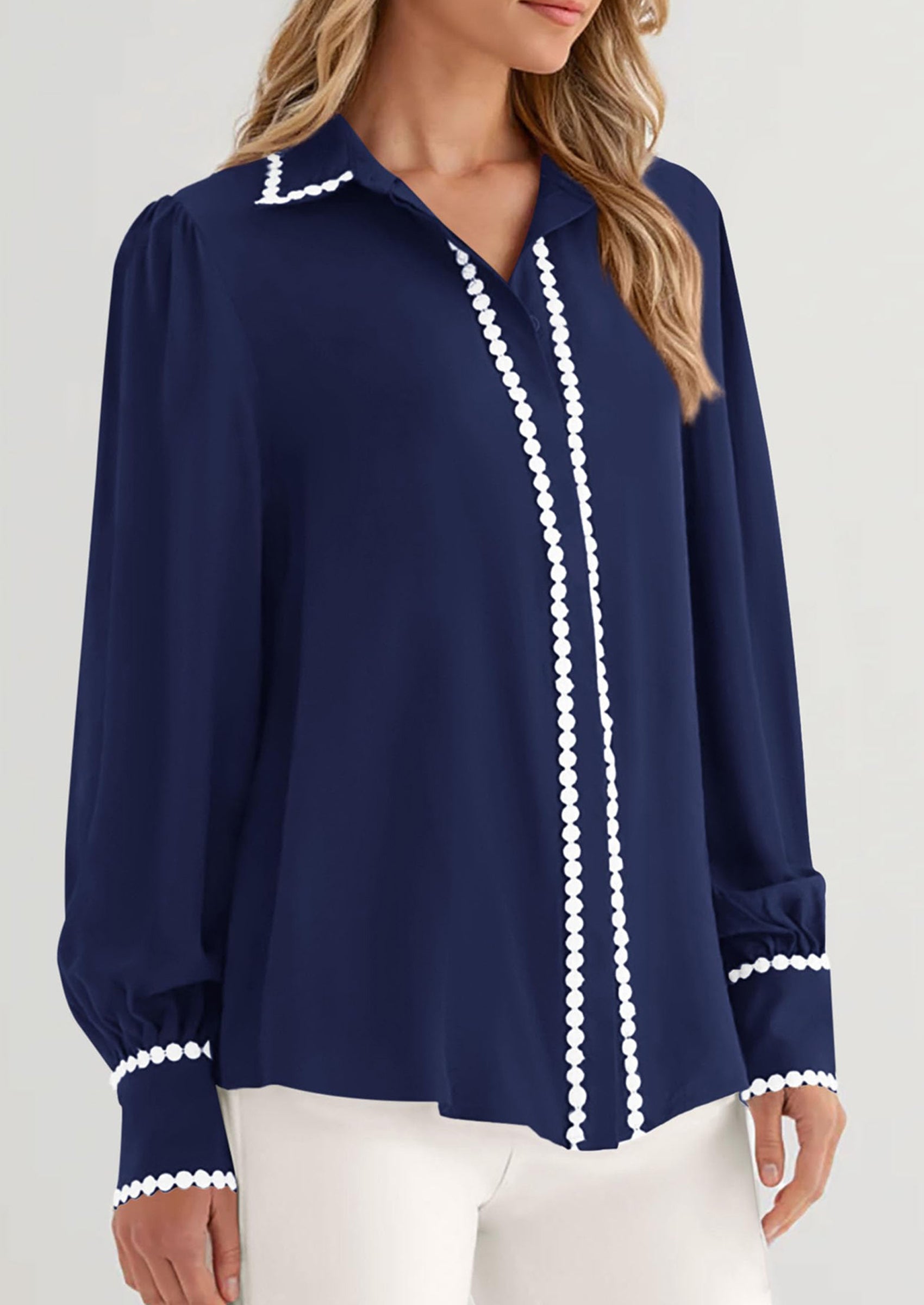 PRETTYGARDEN Womens Long Sleeve Button Down Shirts Trendy V Neck Loose Fit Fall Tops Collared Dressy Casual Blouses