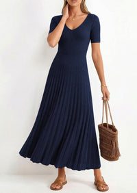 PRETTYGARDEN Women's Spring Midi Sweater Dresses Elegant Pleated Ribbed Knit Short Sleeve V Neck A Line Summer Outfits PRETTYGARDEN