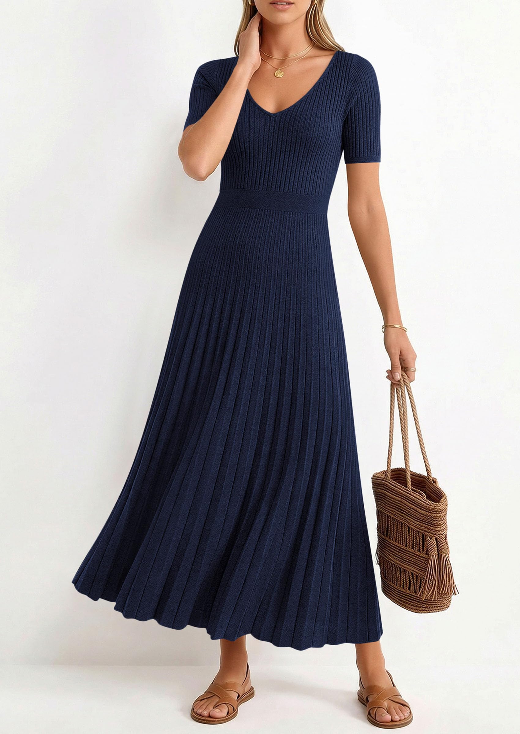 PRETTYGARDEN Women's Spring Midi Sweater Dresses Elegant Pleated Ribbed Knit Short Sleeve V Neck A Line Summer Outfits PRETTYGARDEN