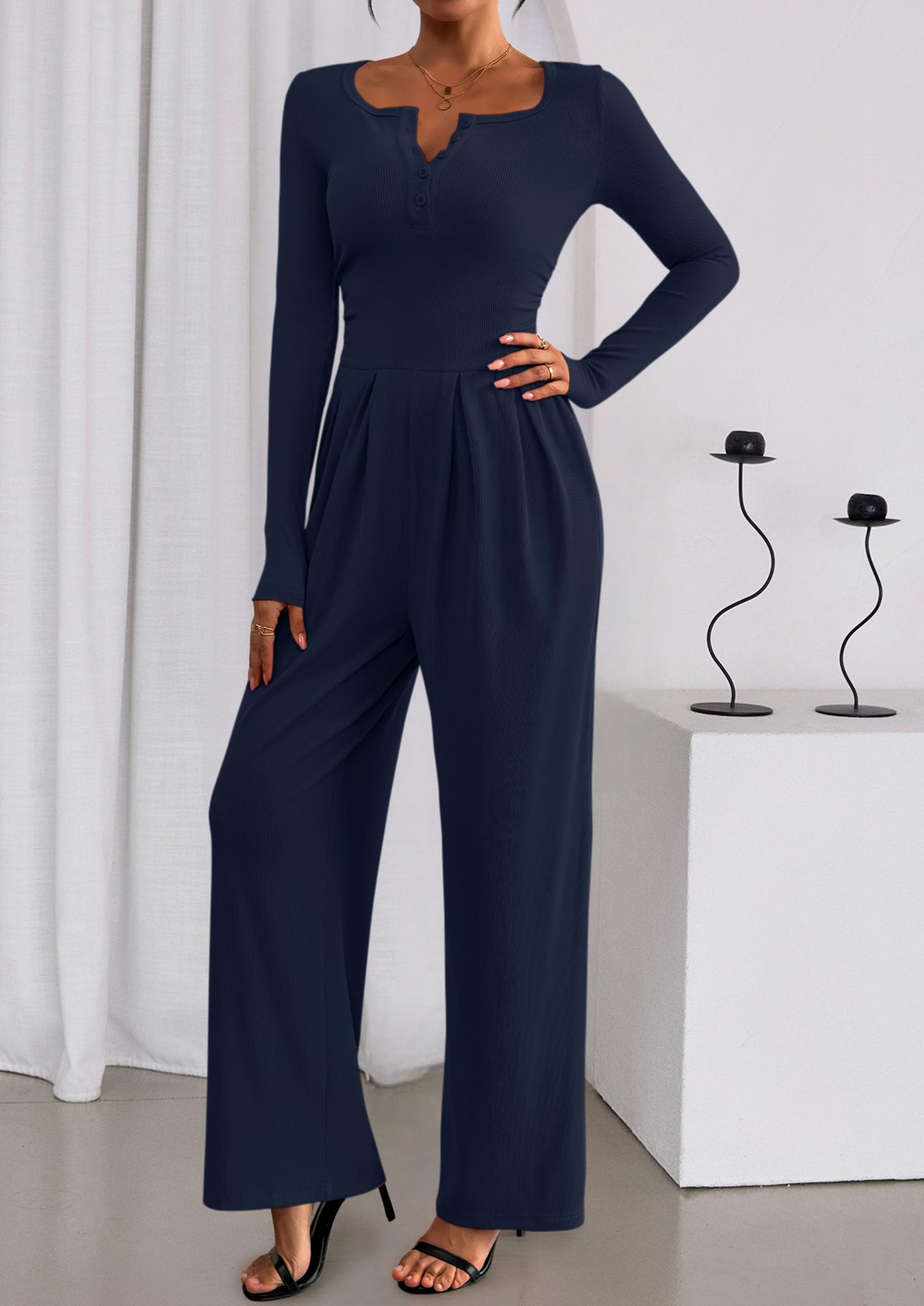 PRETTYGARDEN Jumpsuits for Women Dressy Casual Fall One Piece Outfits Long Sleeve Crew Neck Wide Leg Pants Rompers