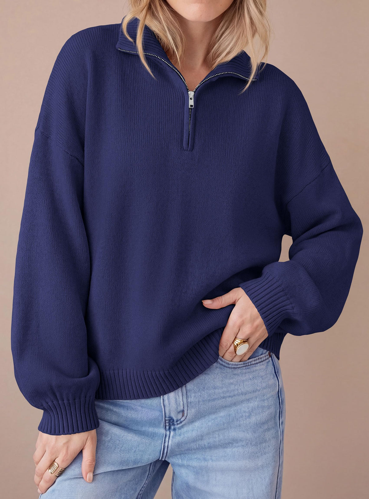PRETTYGARDEN Women's Quarter Zip Pullover Oversized Sweaters | Collared Neck, Long Balloon Sleeve, Jumper Tops, Soft Cozy Knit, Ribbed Hem, Loose Fit, Fall Outfits, Winter Fashion Clothing