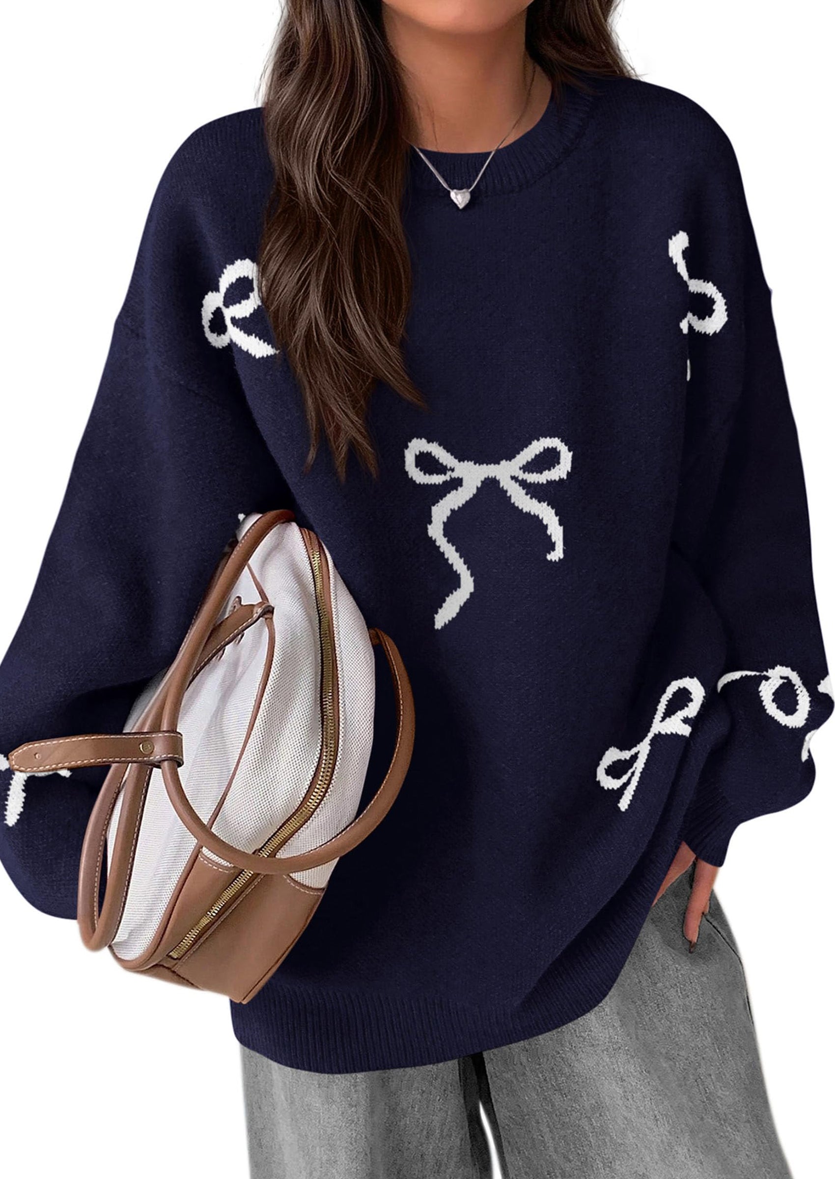 PRETTYGARDEN Fall Long Sleeve Pullover Sweaters for Women Trendy Crewneck Casual Cute Bow Chunky Knit Oversized Sweater