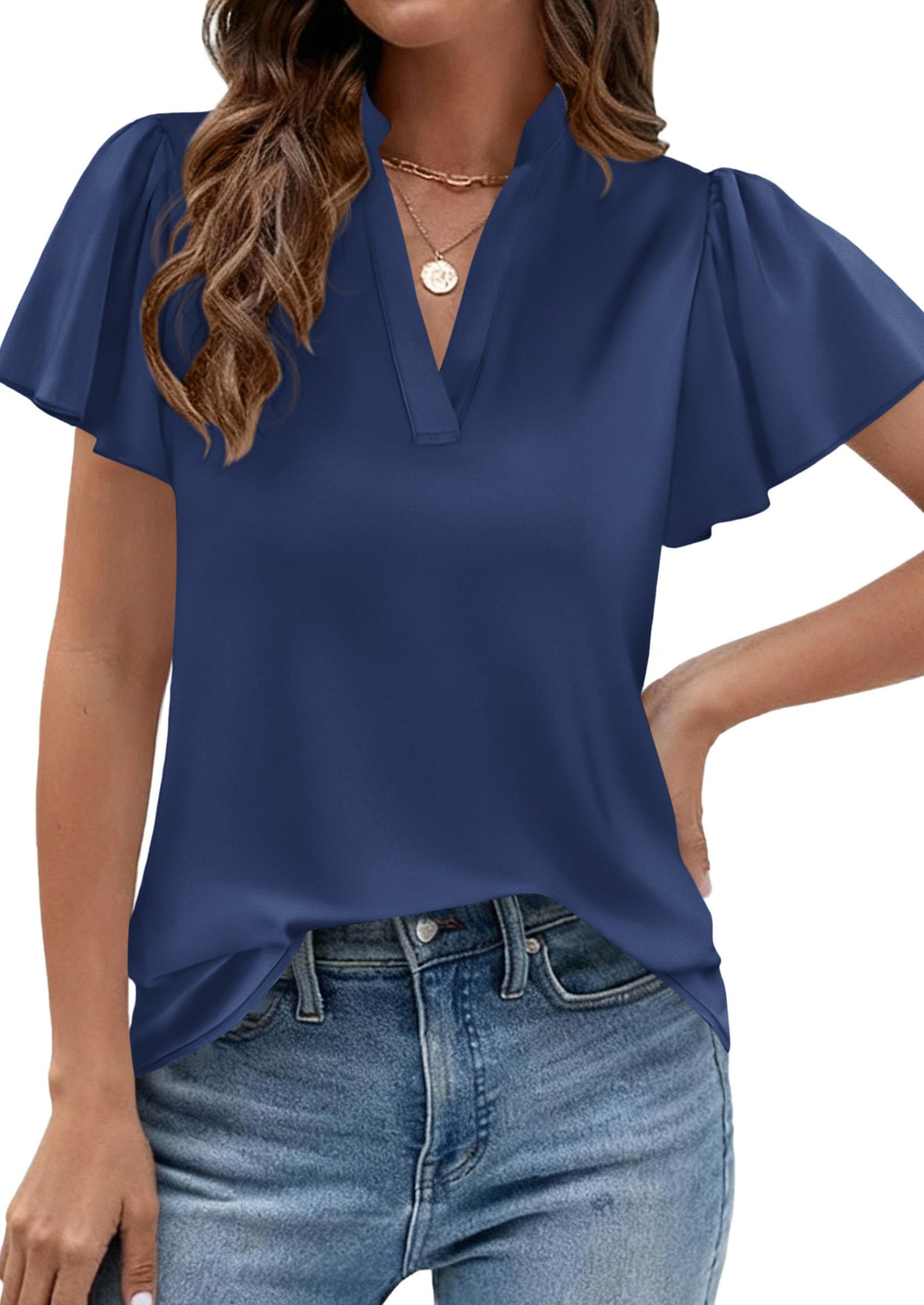 PRETTYGARDEN Women's Summer Blouses Dressy Casual Ruffle Cap Sleeve V Neck Business Work Trendy Cute Tops Spring Outfits PRETTYGARDEN