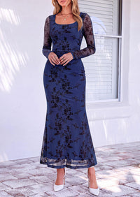 PRETTYGARDEN Women's Long Sleeve Floral Maxi Bodycon Dress  Cocktail Dresses for Wedding Guest, Square Neck, Stretchy Mesh, Elegant Classy, Formal Holiday Party, Fall Date Night Outfits