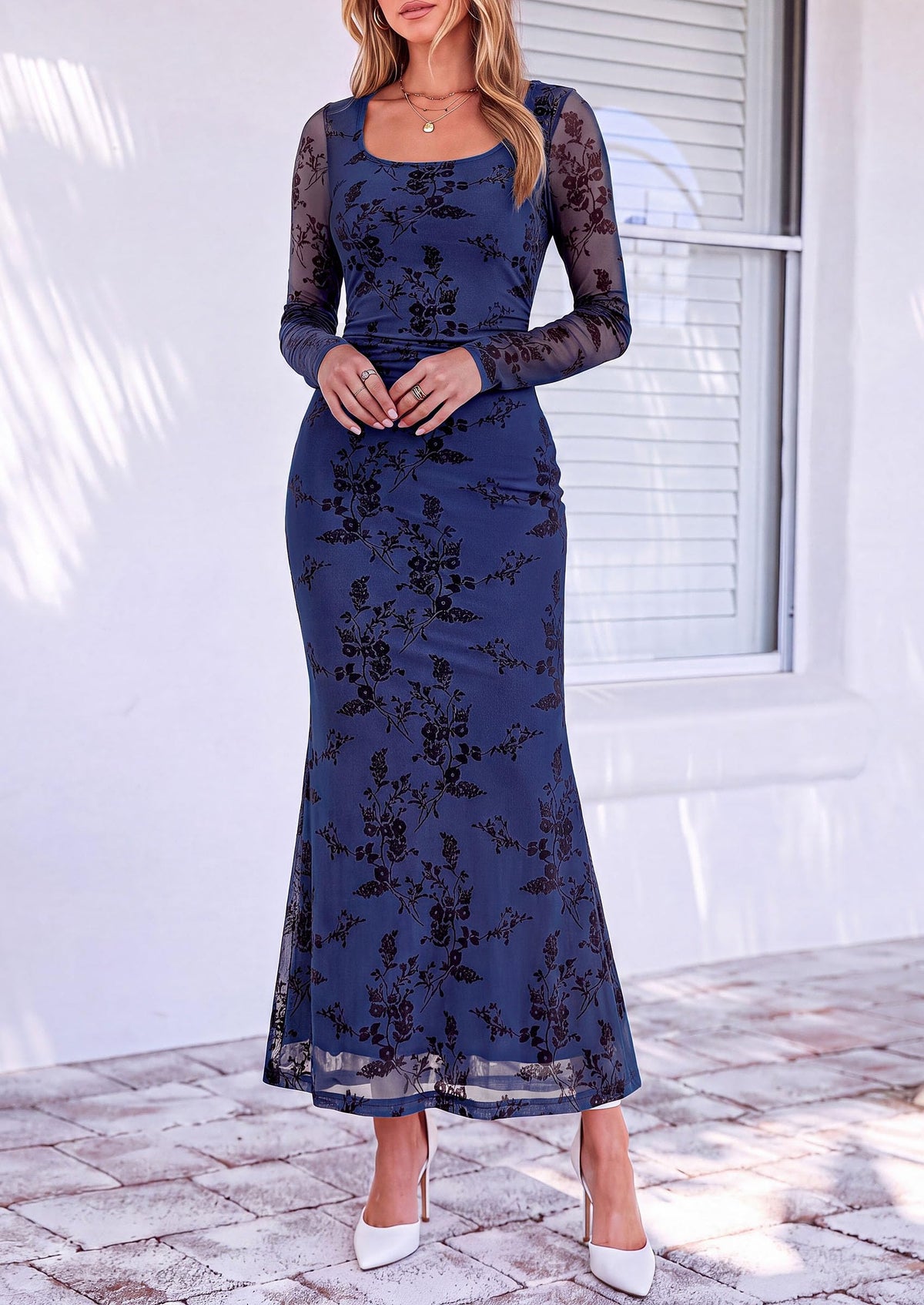 PRETTYGARDEN Women's Long Sleeve Floral Maxi Bodycon Dress  Cocktail Dresses for Wedding Guest, Square Neck, Stretchy Mesh, Elegant Classy, Formal Holiday Party, Fall Date Night Outfits