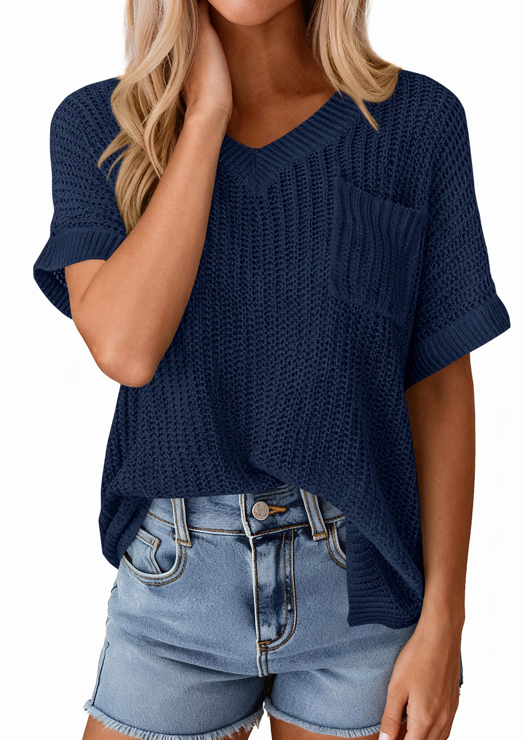 PRETTYGARDEN Women's Spring Short Sleeve Sweaters Lightweight V Neck Casual Going Out Summer T PRETTYGARDEN