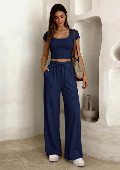 PRETTYGARDEN Women's 2 Piece Matching Lounge Sets Ribbed Short Sleeve Crop Tops Wide Leg Pants Summer Airport Outfits PRETTYGARDEN