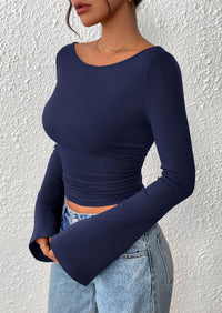 PRETTYGARDEN Women's Long Sleeve Shirts Fall Going Out Tops Casual Boat Neck Bell Sleeve Ribbed Ruched Y2K Clothes