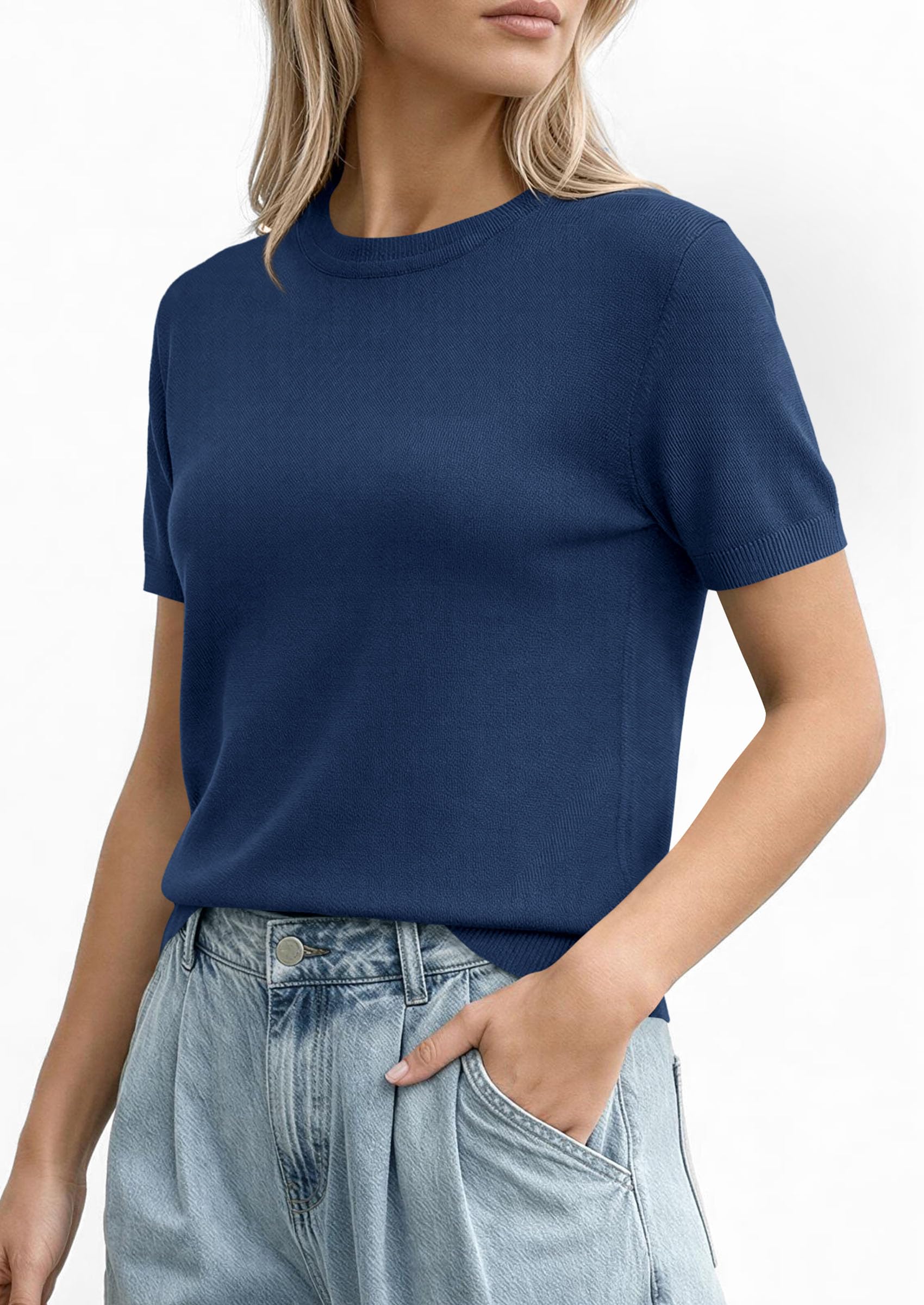 PRETTYGARDEN Women's Short Sleeve Sweaters Spring Crew Neck Knit Work Shirts Business Casual Tops Summer Fashion Clothes PRETTYGARDEN