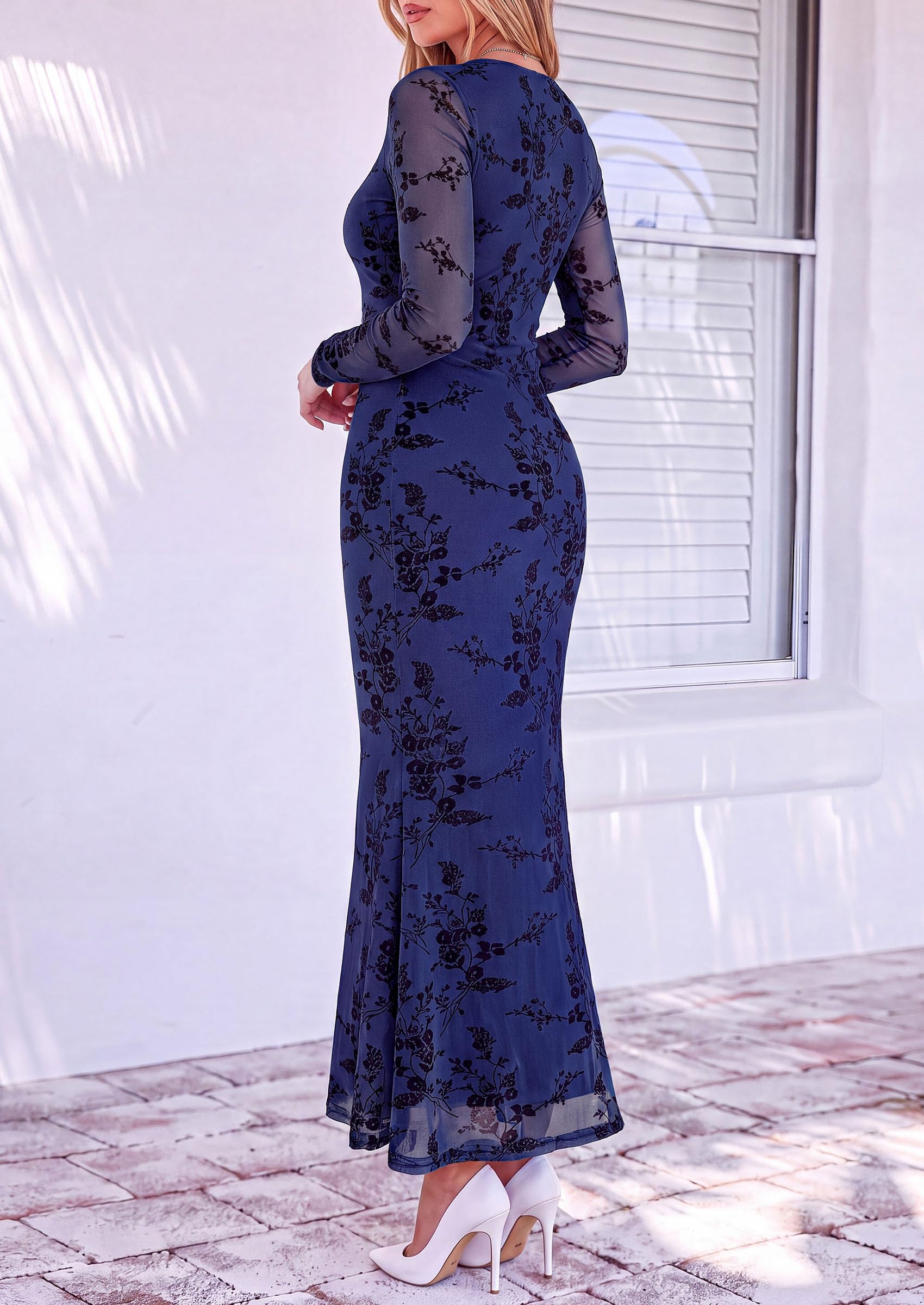 PRETTYGARDEN Women's Long Sleeve Floral Maxi Bodycon Dress  Cocktail Dresses for Wedding Guest, Square Neck, Stretchy Mesh, Elegant Classy, Formal Holiday Party, Fall Date Night Outfits