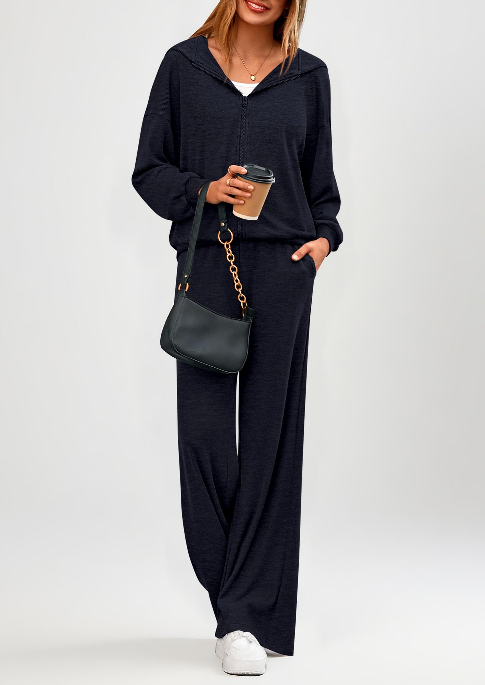 PRETTYGARDEN Women's 2 Piece Fall Lounge Sets Zip Up Hoodie Wide Leg Pants Tracksuit Matching Travel Outfits Clothes PRETTYGARDEN