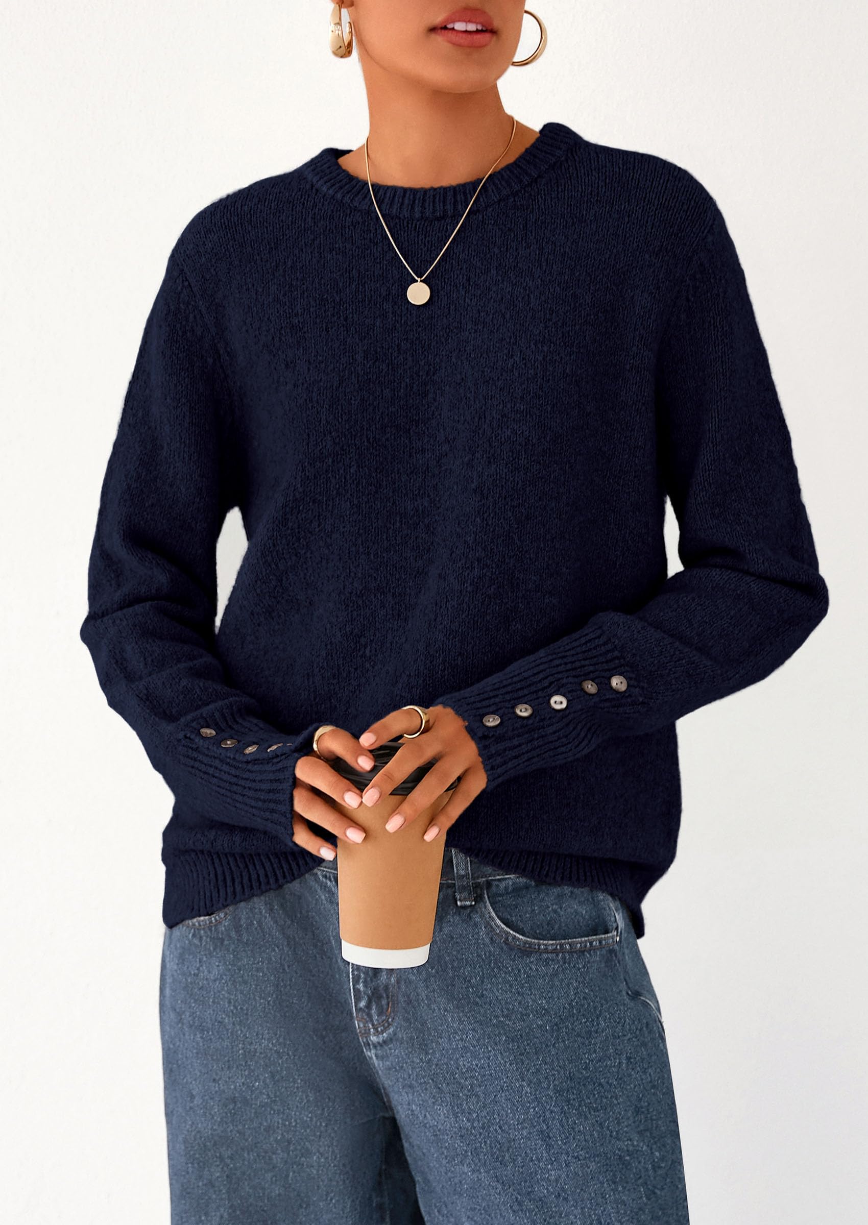 PRETTYGARDEN Womens Sweaters Fall Fashion Casual Crewneck Pullover Button Long Sleeve Cute Knit Tops Winter Clothes