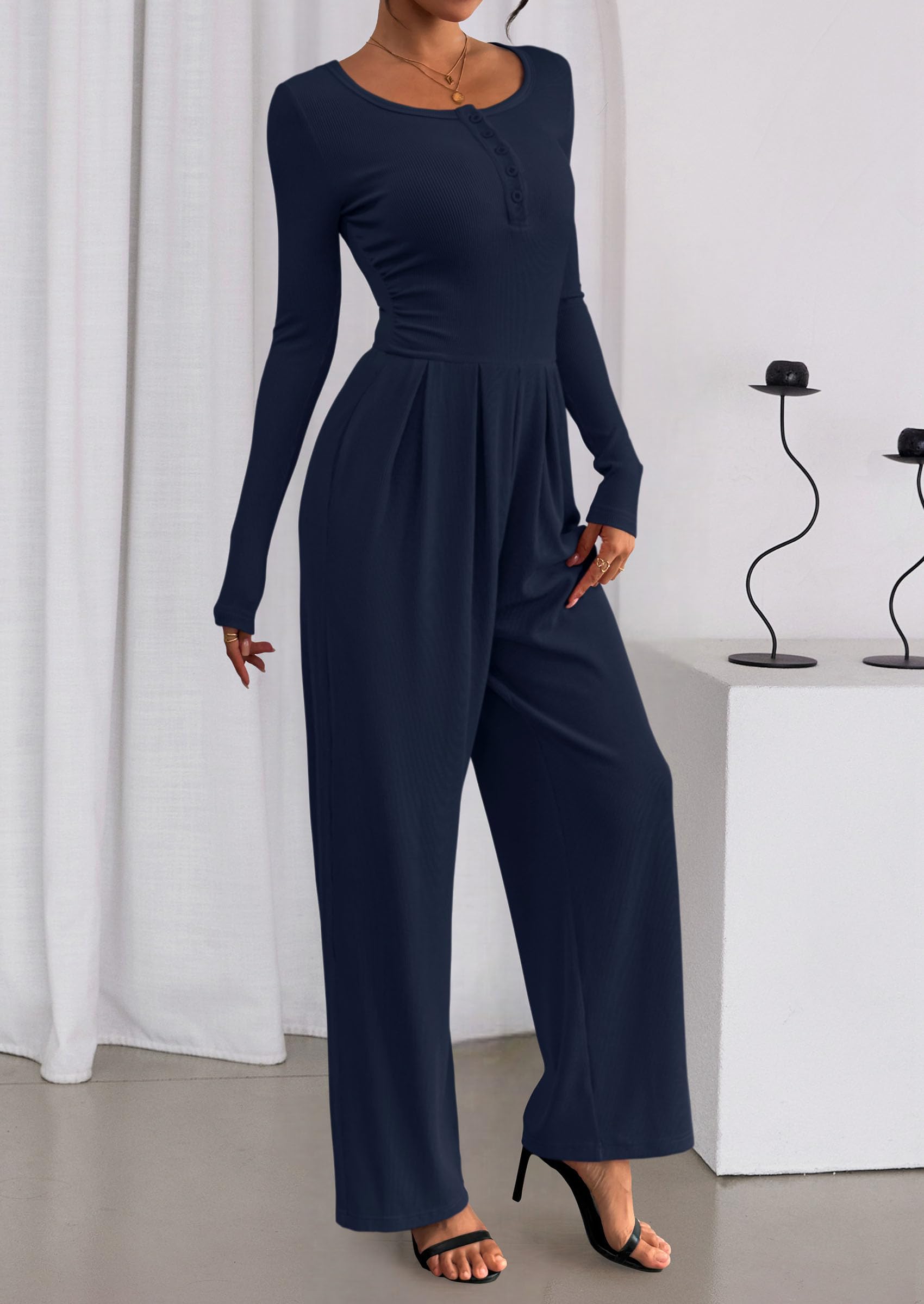 PRETTYGARDEN Jumpsuits for Women Dressy Casual Fall One Piece Outfits Long Sleeve Crew Neck Wide Leg Pants Rompers