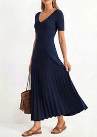 PRETTYGARDEN Women's Spring Midi Sweater Dresses Elegant Pleated Ribbed Knit Short Sleeve V Neck A Line Summer Outfits PRETTYGARDEN