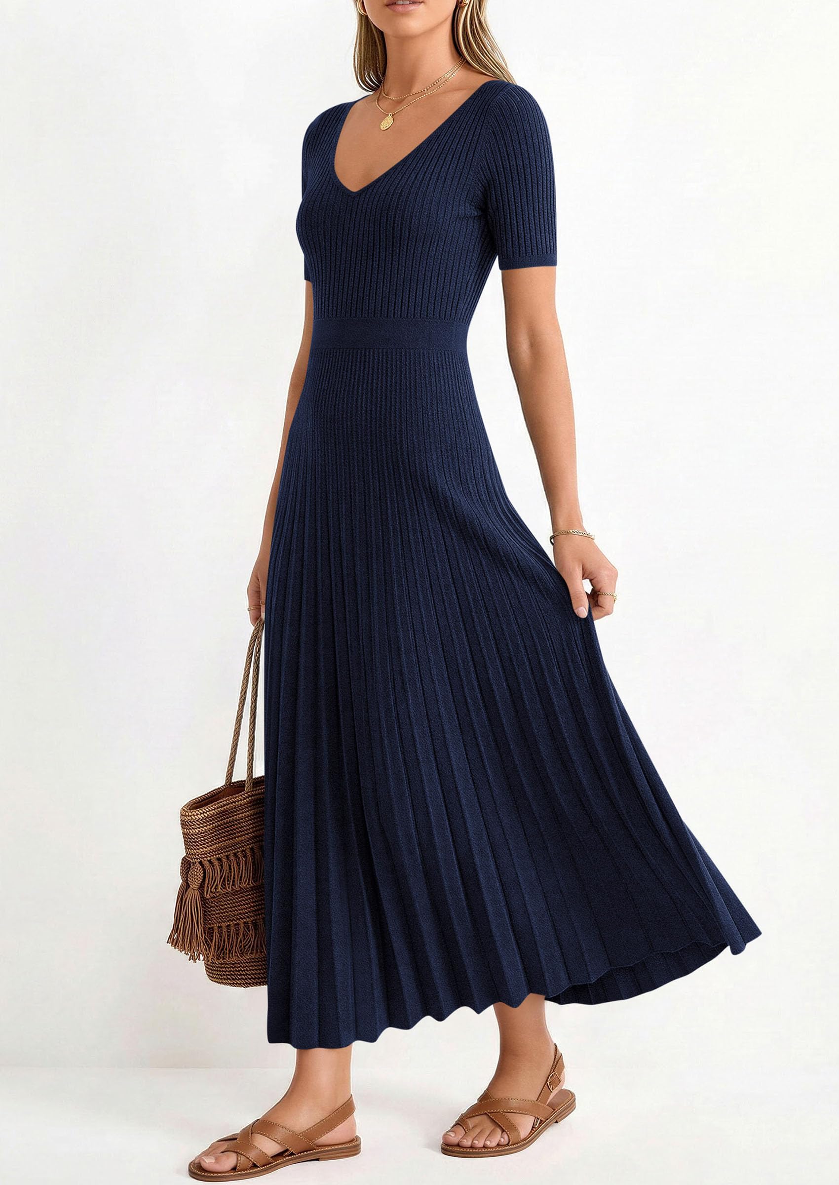 PRETTYGARDEN Women's Spring Midi Sweater Dresses Elegant Pleated Ribbed Knit Short Sleeve V Neck A Line Summer Outfits PRETTYGARDEN