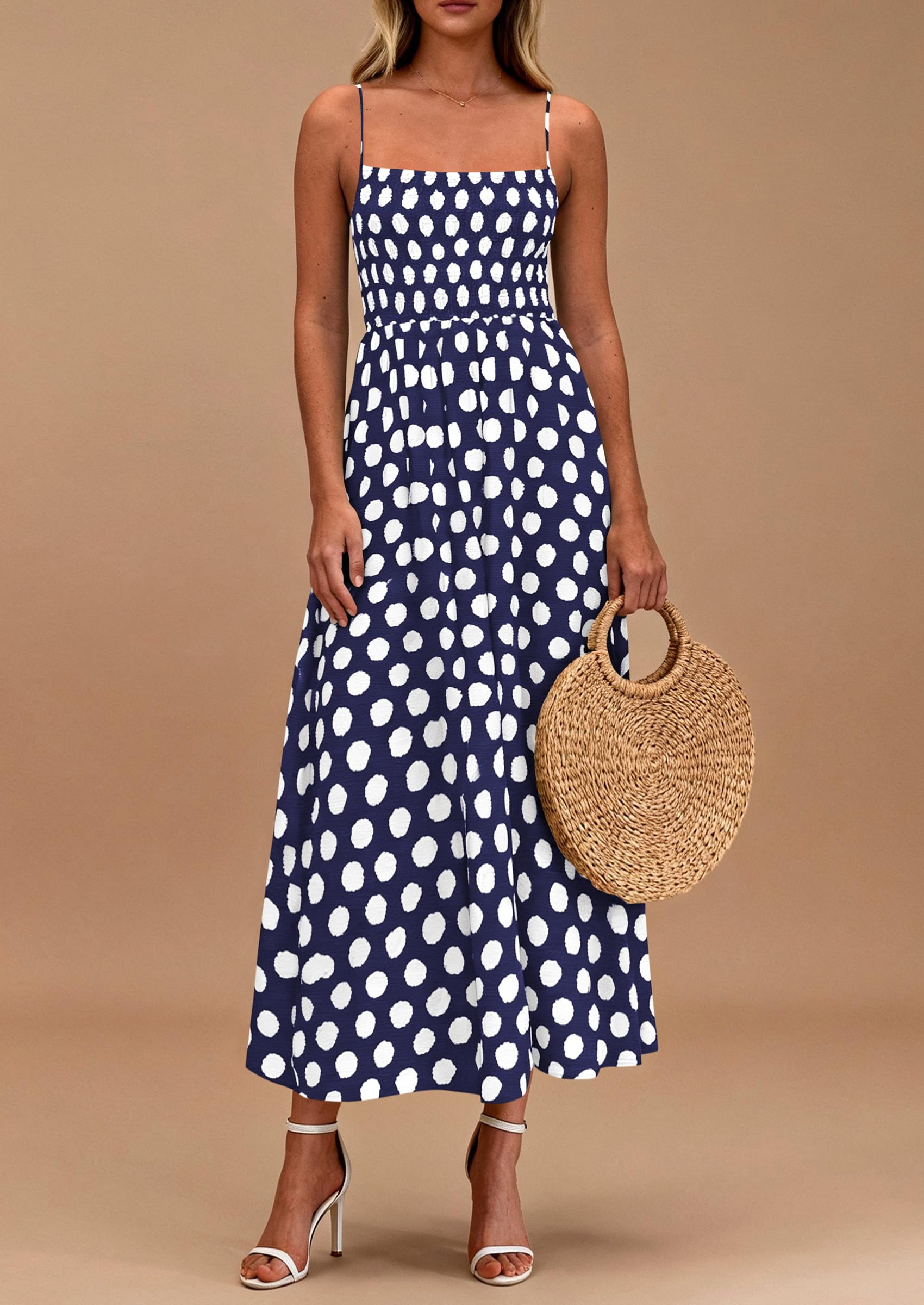 PRETTYGARDEN Womens Summer Dresses Spring Sleeveless Spaghetti Straps Casual Midi Dress Polka Dot Smocked Beach Sundress PRETTYGARDEN